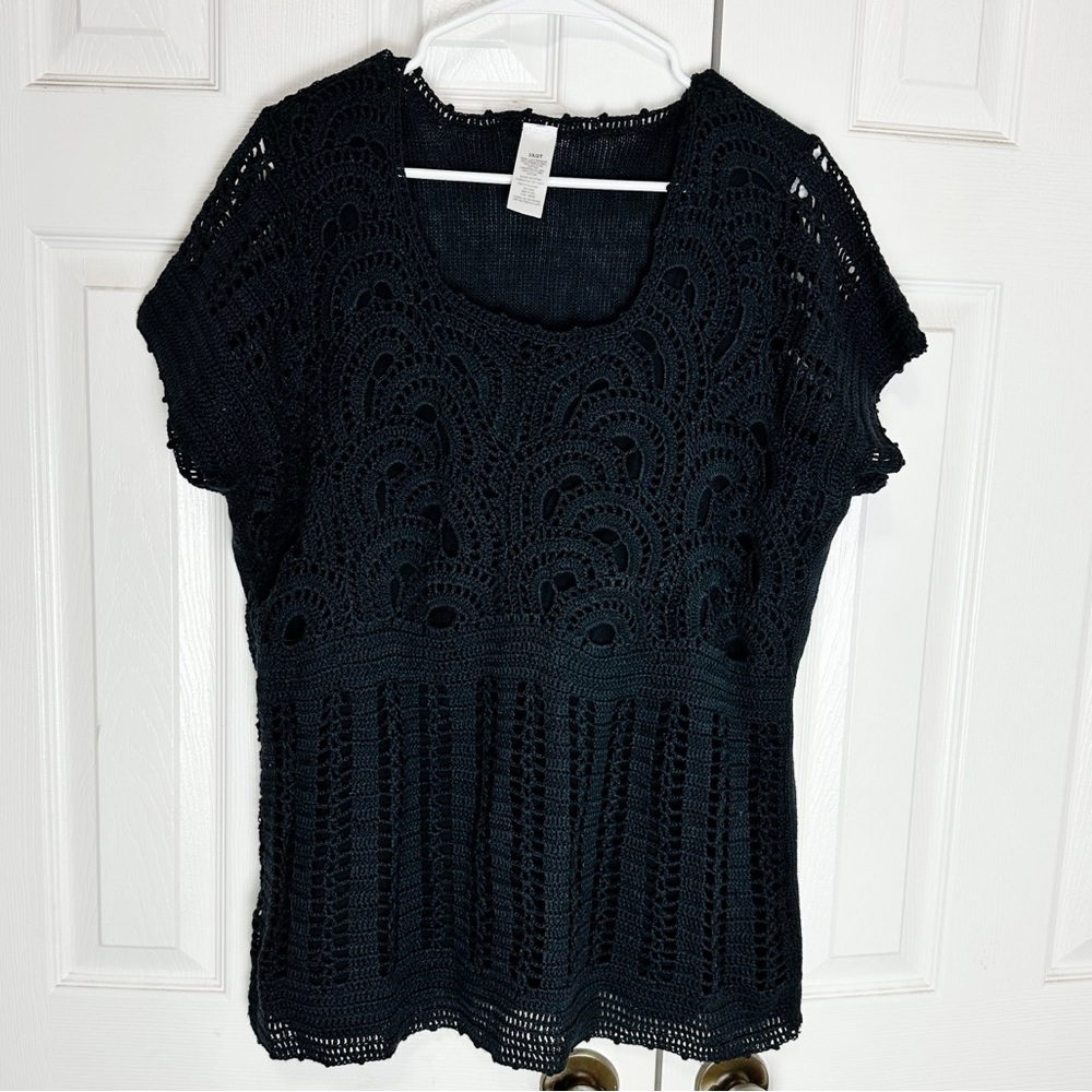 Crochet Baby Doll Short Sleeve Sweater Top Black Y2K Boho Minimalist Sz 2X